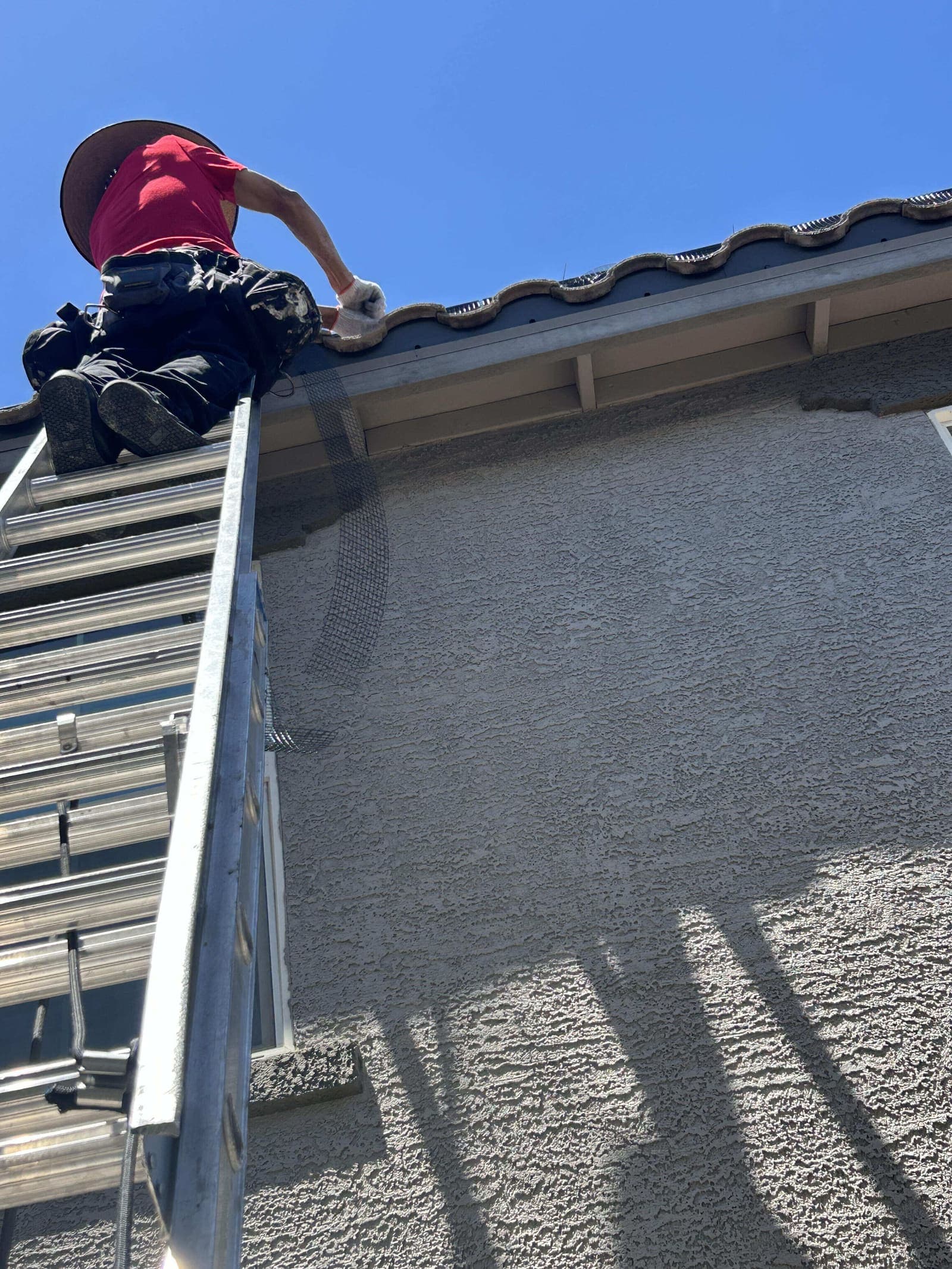 Técnico en una escalera instalando malla en el borde del techo