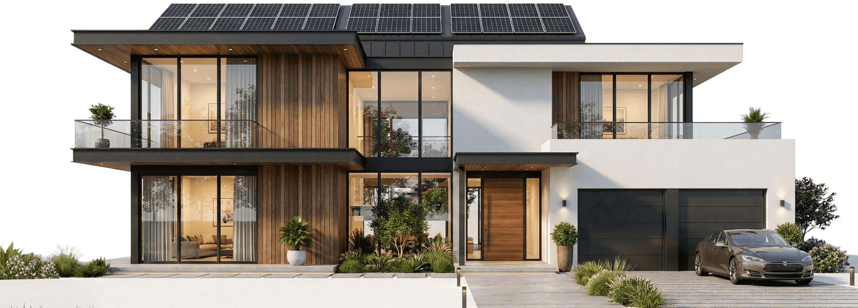 Casa moderna con paneles solares, grandes ventanales y un auto estacionado